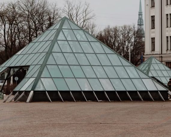 Modern glass pyramids in Riga, blending contemporary architecture with classic city charm.